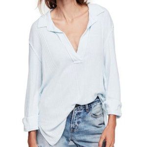 Free People - Annie Ribbed Long Sleeve Slouchy Pullover - Sky XS